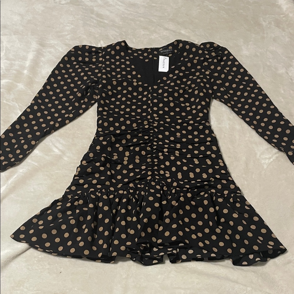 MINKPINK Black Dress with Tan Polka Dot Print